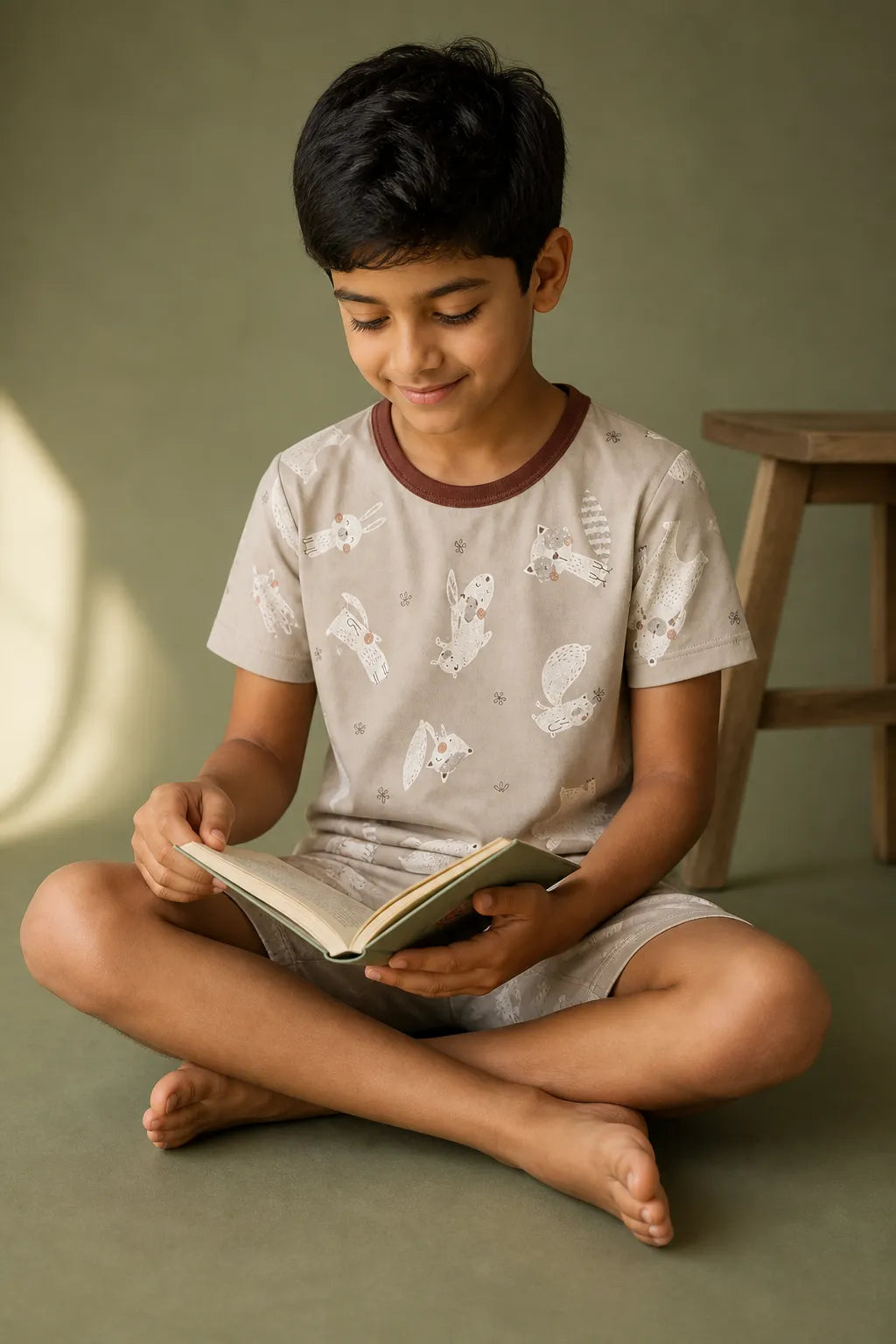 Child wearing the Fox Meadow short sleeve pajama set