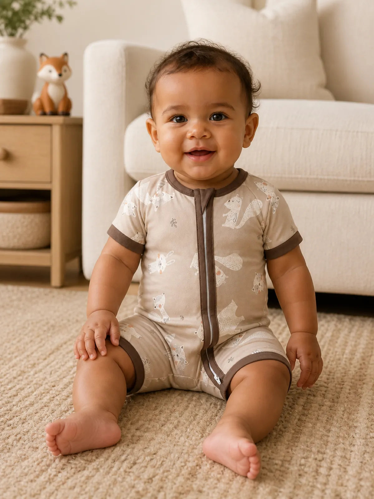 Baby playing at home in the Fox Meadow shorty romper