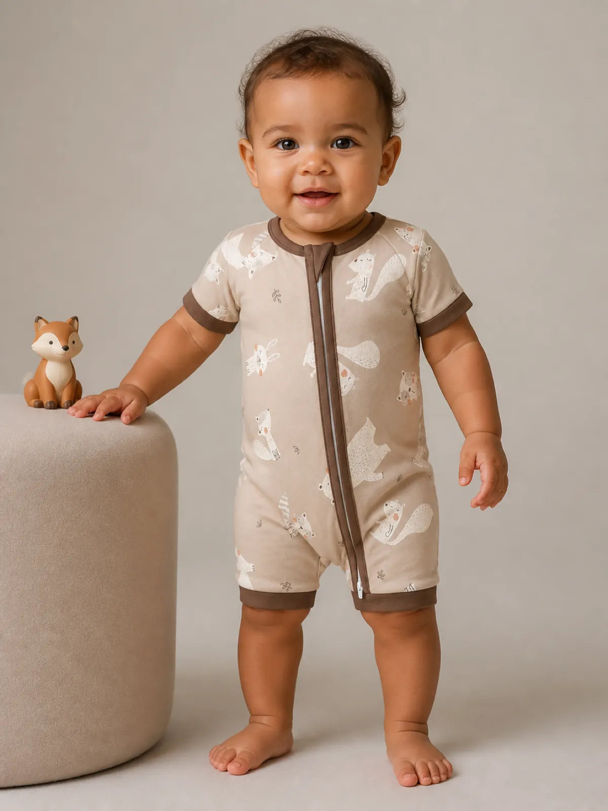 Baby wearing the Fox Meadow bamboo shorty romper