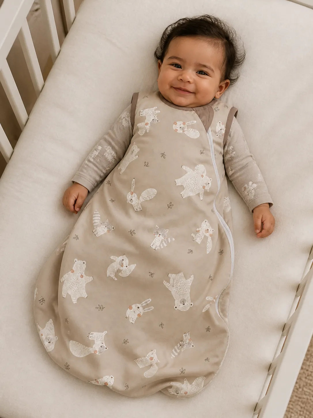 Baby resting comfortably in the Fox Meadow bamboo sleep bag