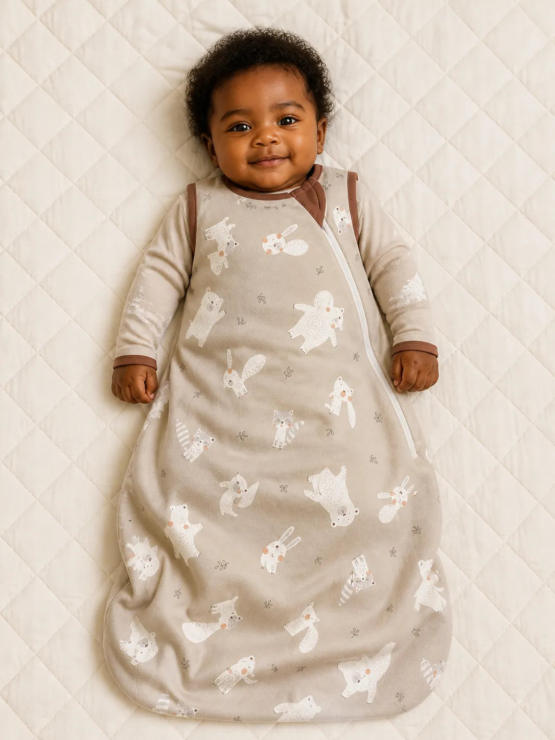 Baby wearing the Fox Meadow bamboo sleep bag