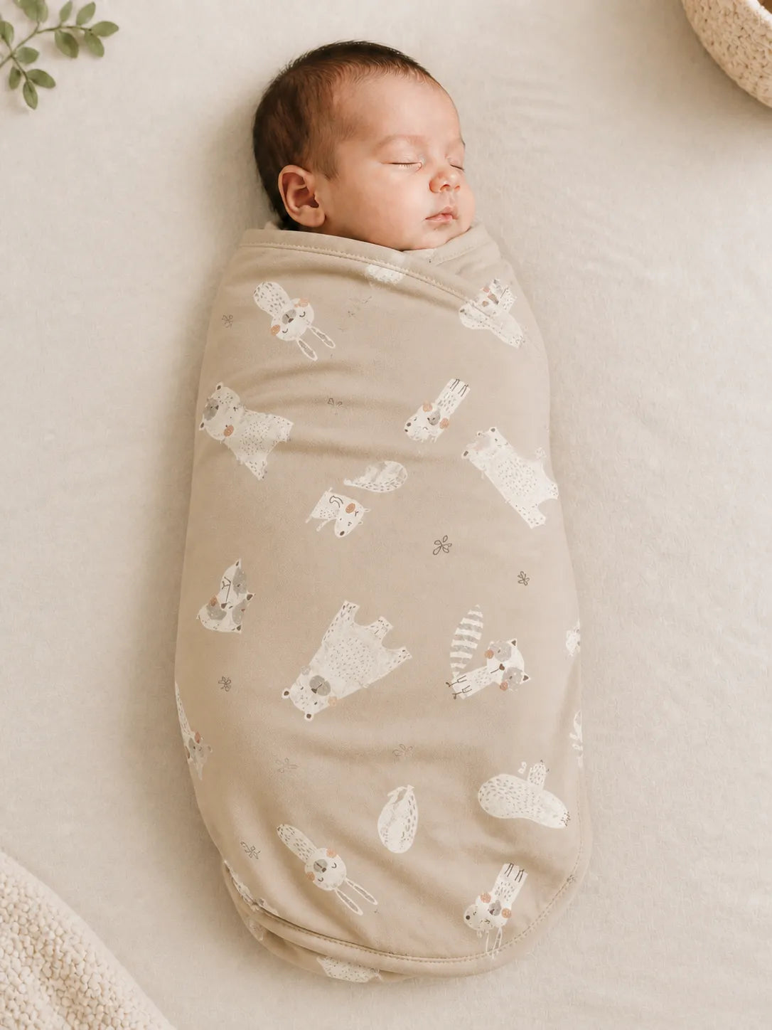 Baby wrapped in the Fox Meadow bamboo swaddle blanket