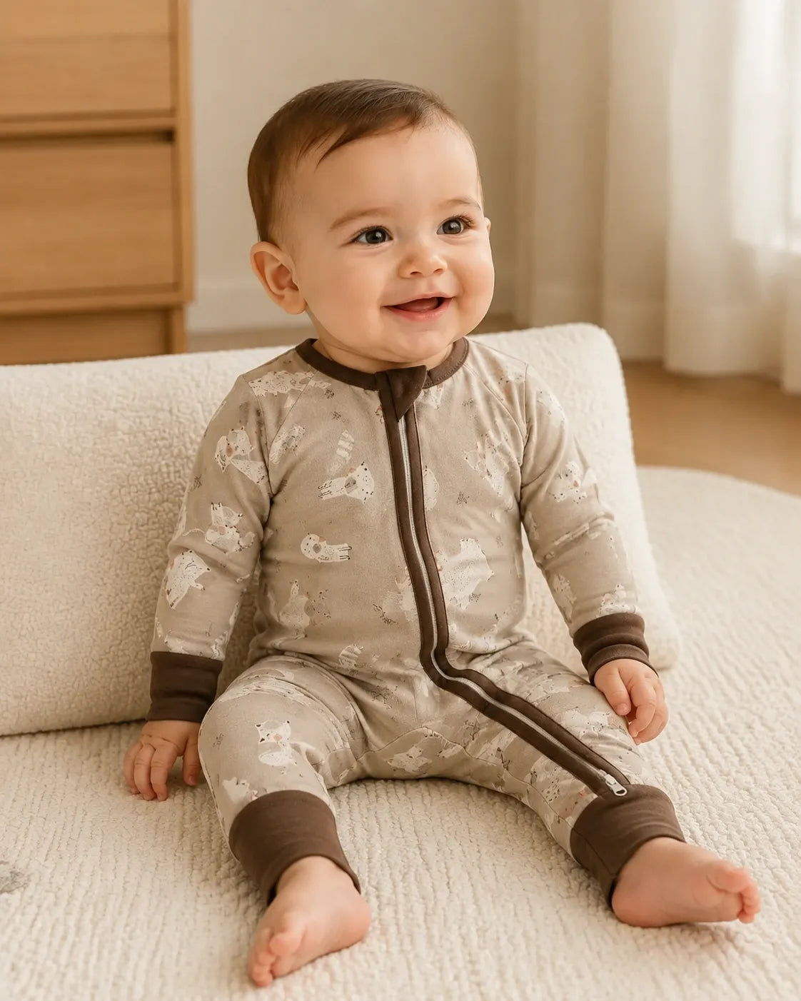 Baby playing at home in the Fox Meadow zipper romper