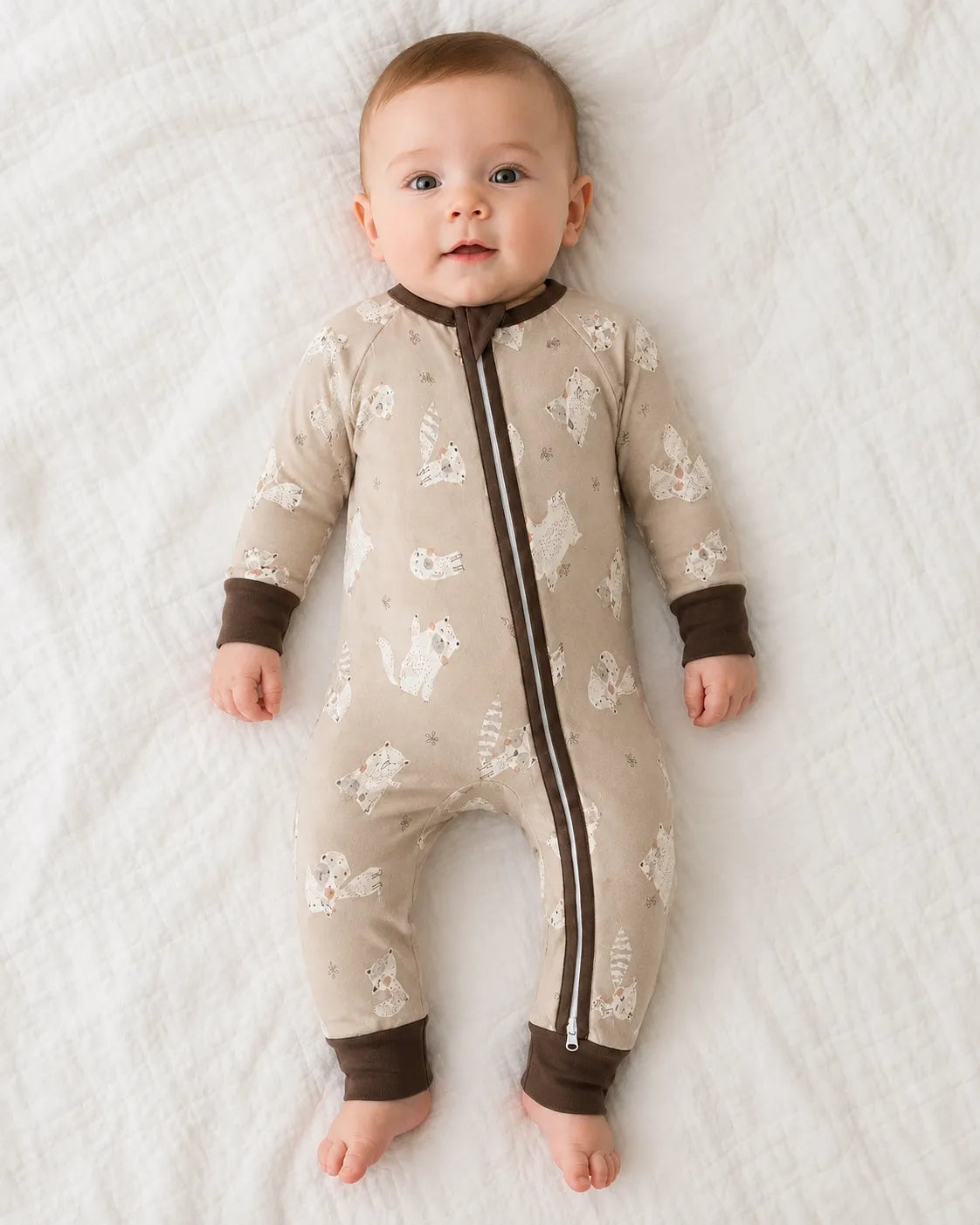 Baby wearing the Fox Meadow bamboo zipper romper