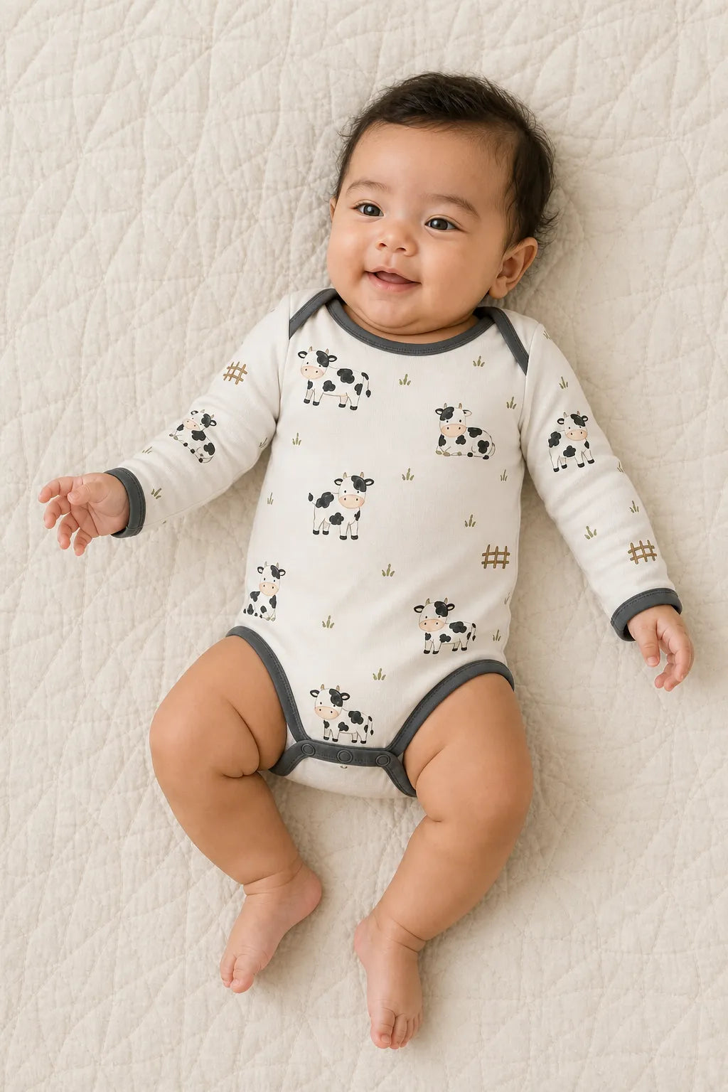 Baby wearing the Little Moo long sleeve bodysuit