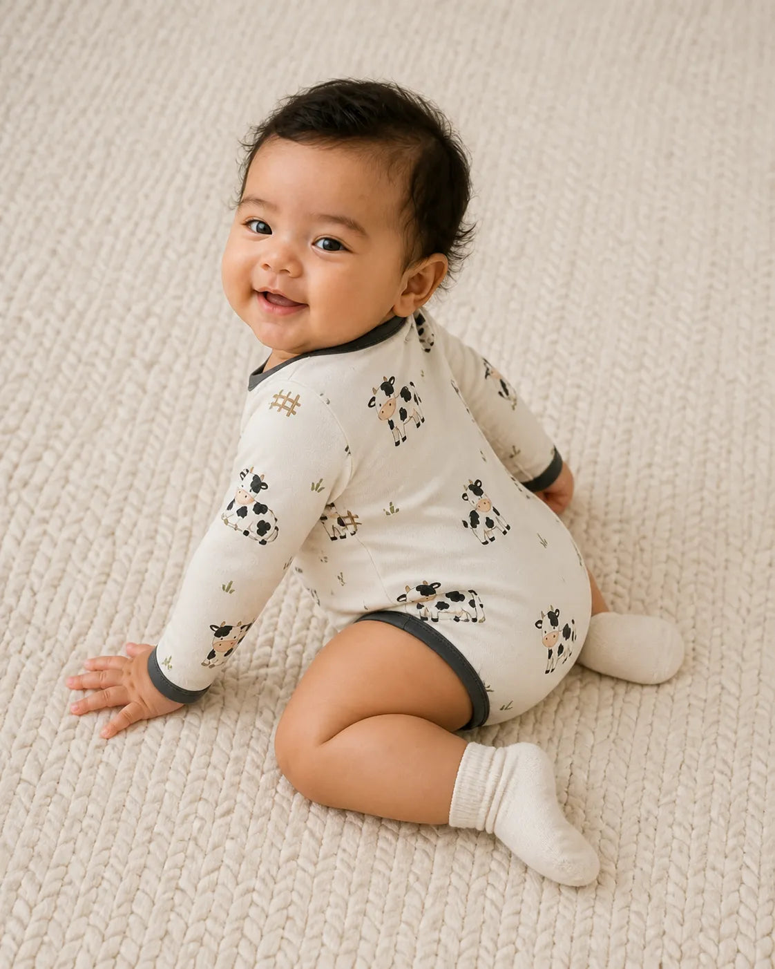 Baby playing comfortably in the Little Moo bamboo bodysuit