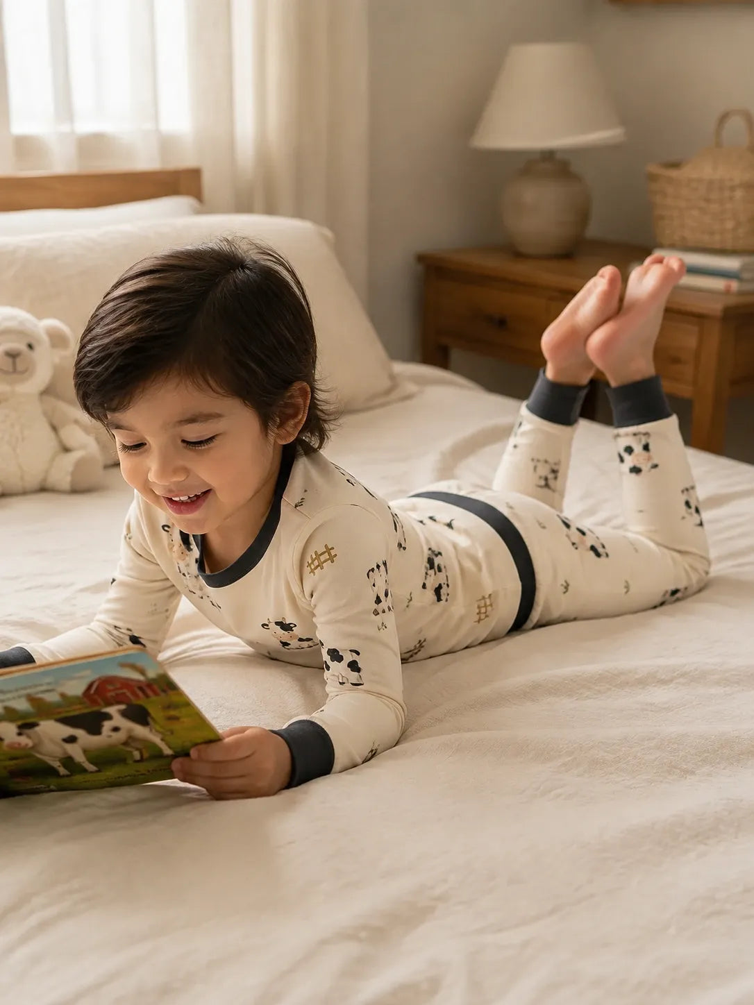 Child playing at home in Little Moo bamboo pajamas