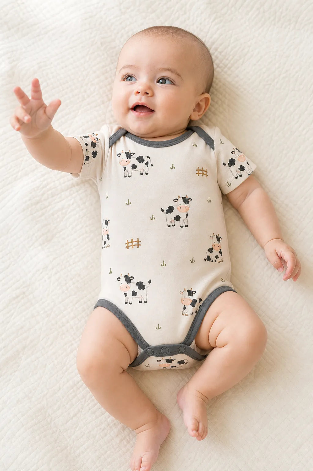 Baby playing comfortably in the Little Moo bamboo bodysuit