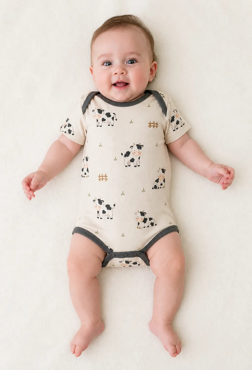 Baby wearing the Little Moo short sleeve bodysuit