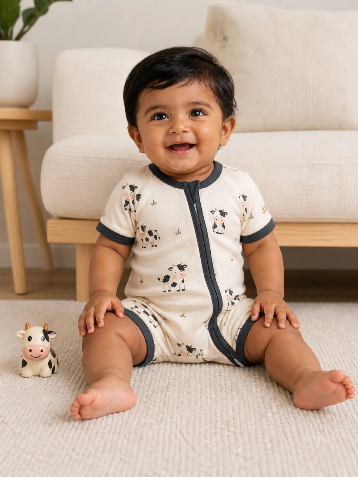 Baby playing at home in the Little Moo shorty romper