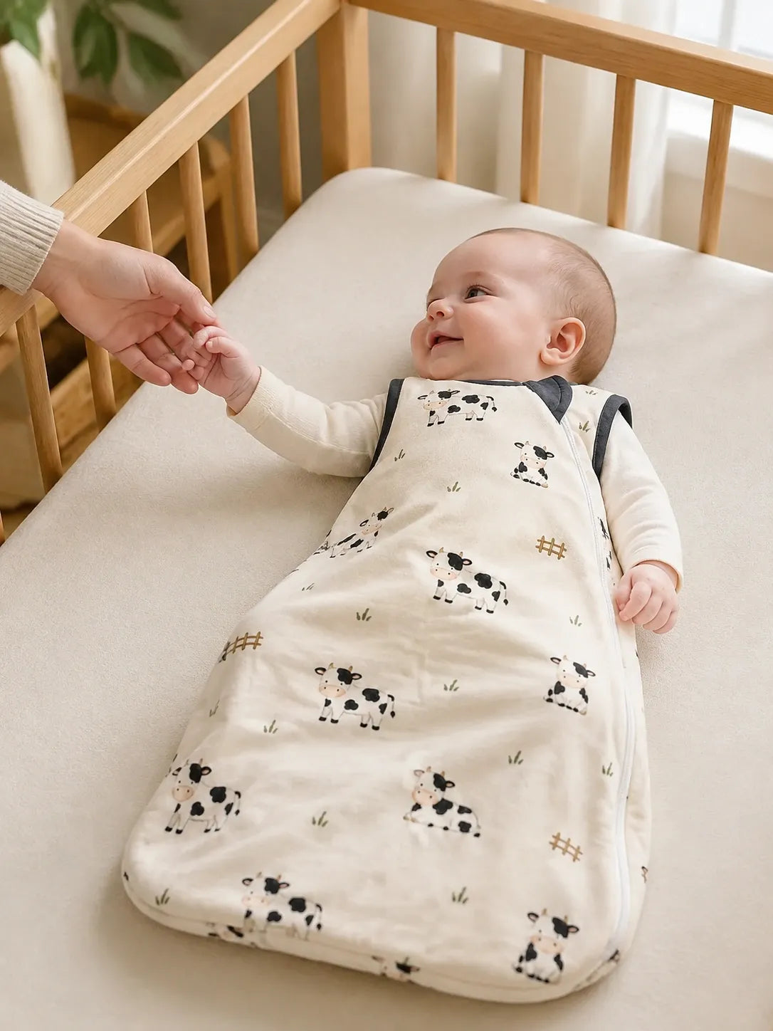 Baby resting comfortably in the Little Moo bamboo sleep bag