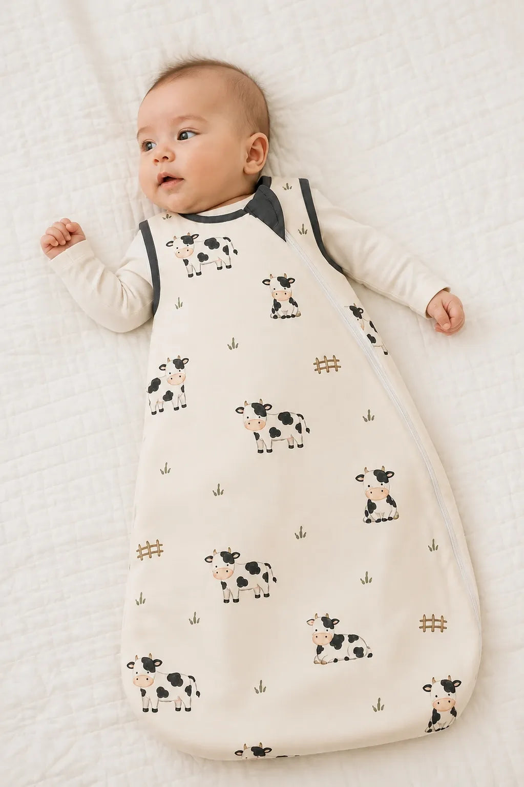 Baby wearing the Little Moo bamboo sleep bag