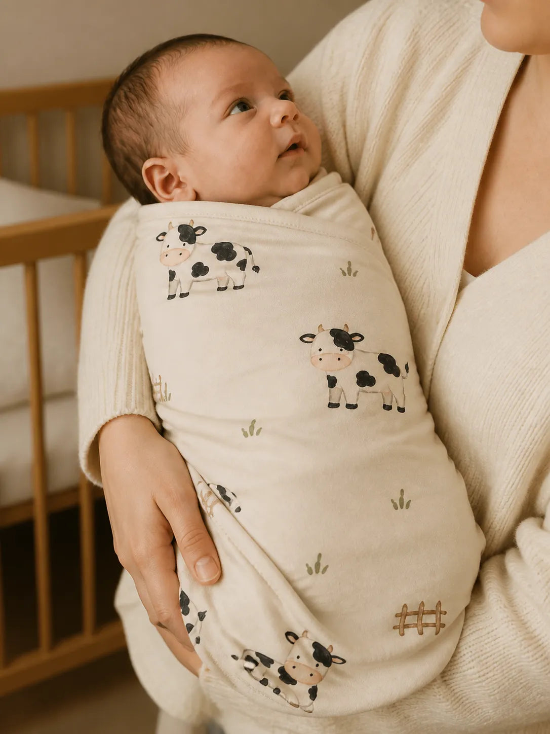 Baby cuddled in the Little Moo bamboo swaddle blanket at home