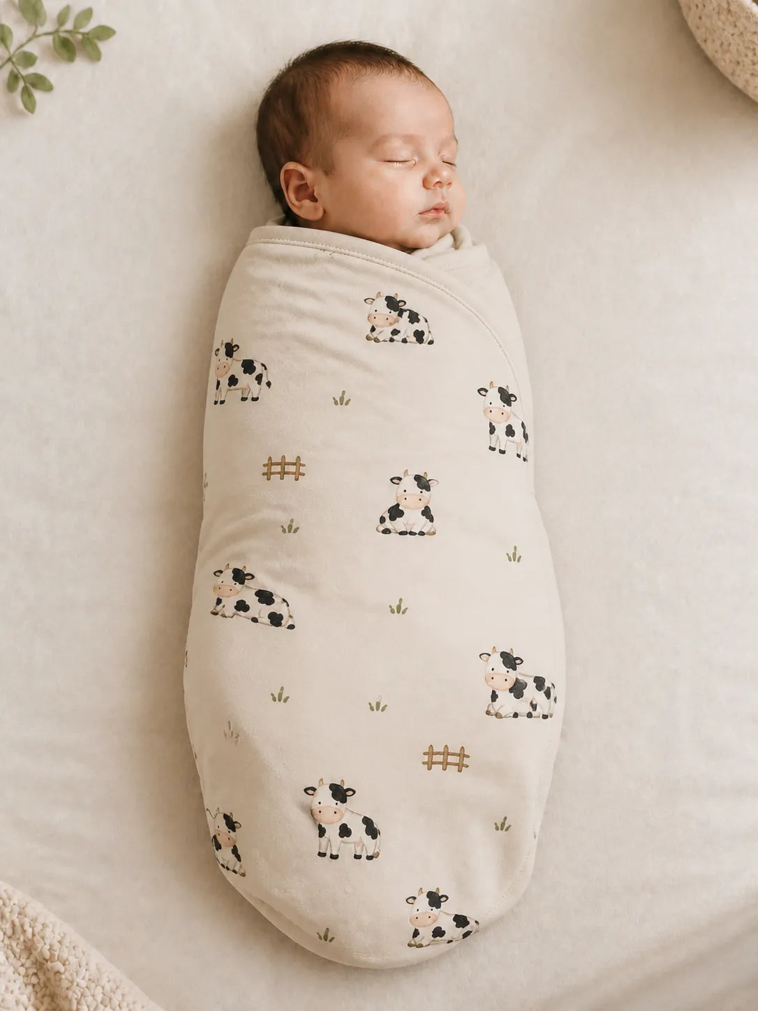 Baby wrapped in the Little Moo bamboo swaddle blanket