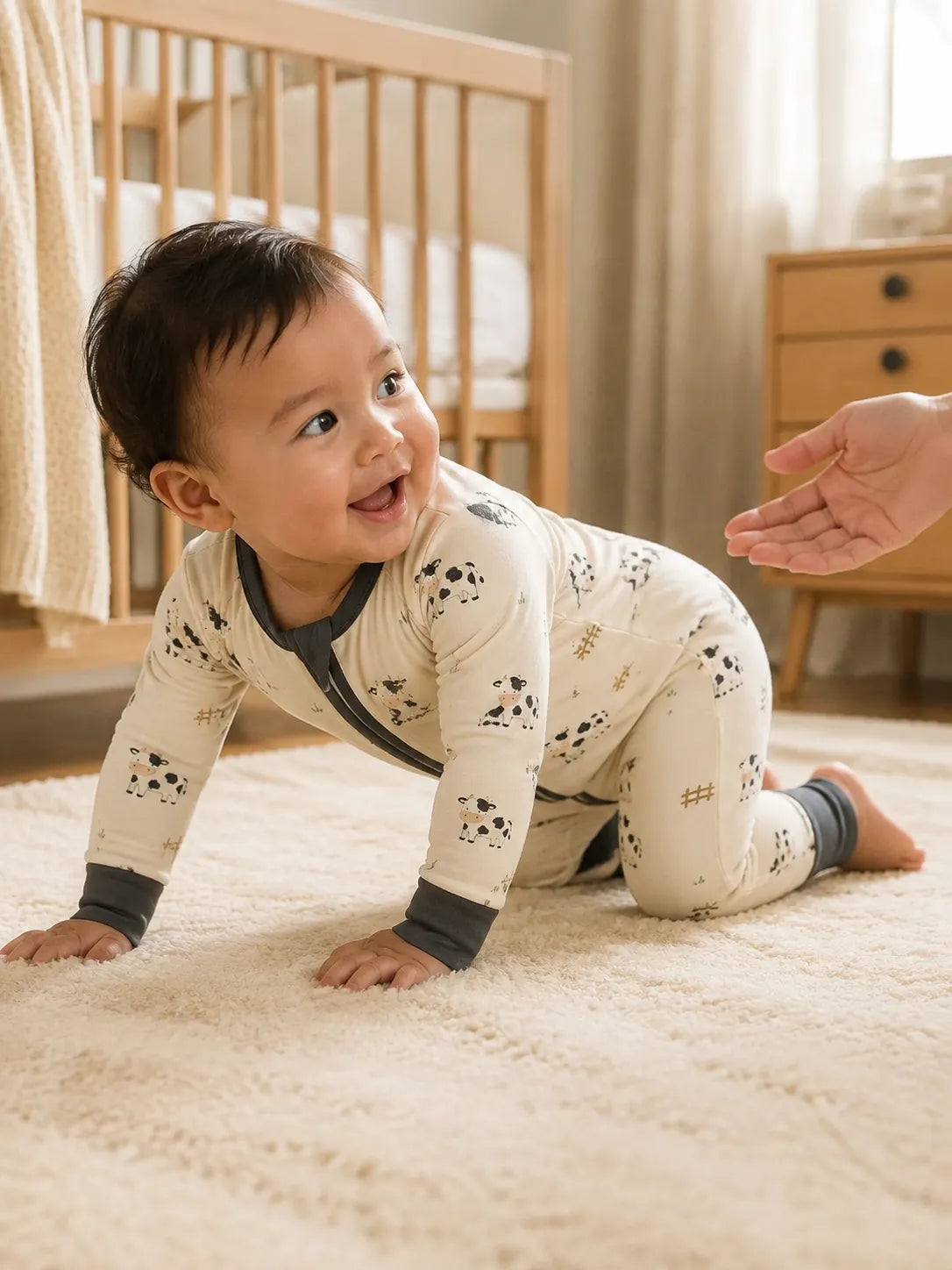 Baby playing at home in the Little Moo zipper romper