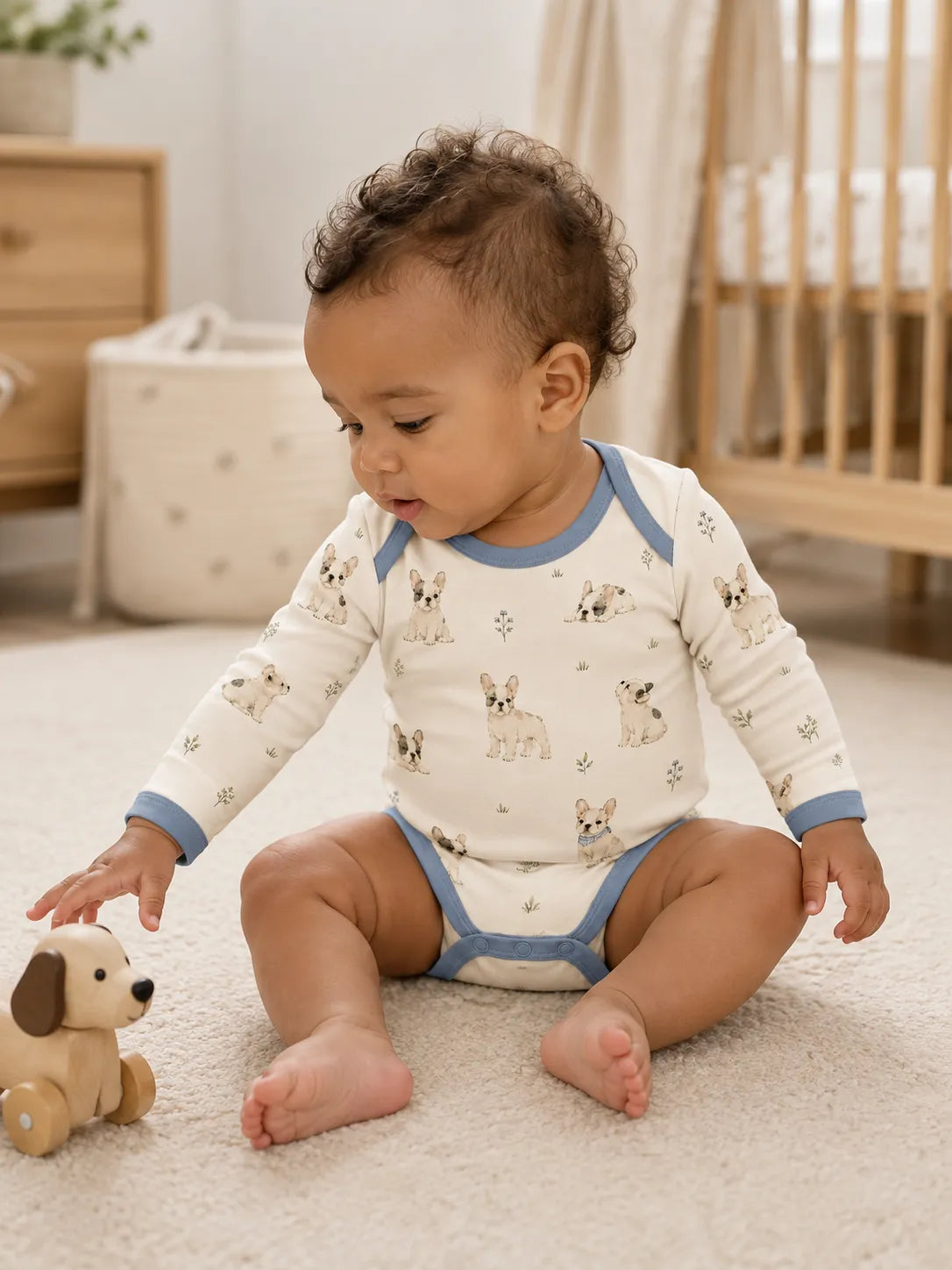 Baby playing comfortably in the Frenchie Friends bamboo bodysuit