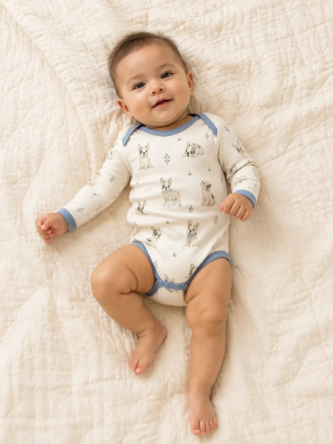 Baby wearing the Frenchie Friends long sleeve bodysuit