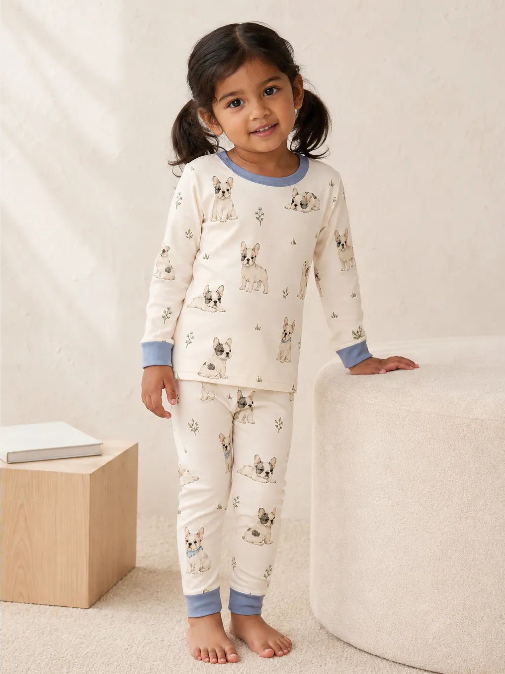 Child wearing the Frenchie Friends long sleeve pajama set