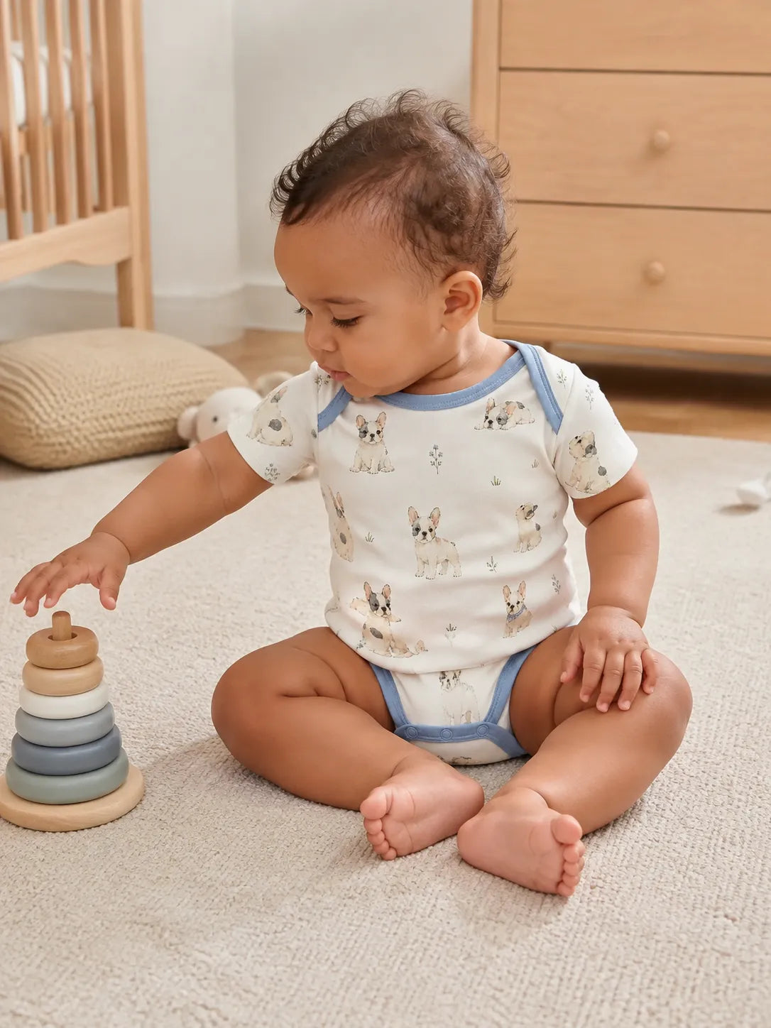 Baby playing comfortably in the Frenchie Friends bamboo bodysuit