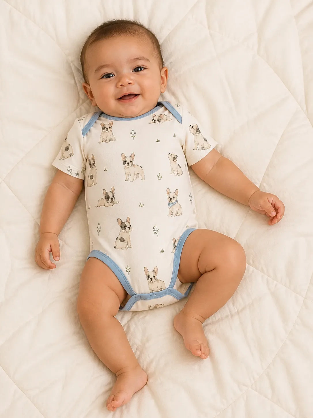 Baby wearing the Frenchie Friends short sleeve bodysuit
