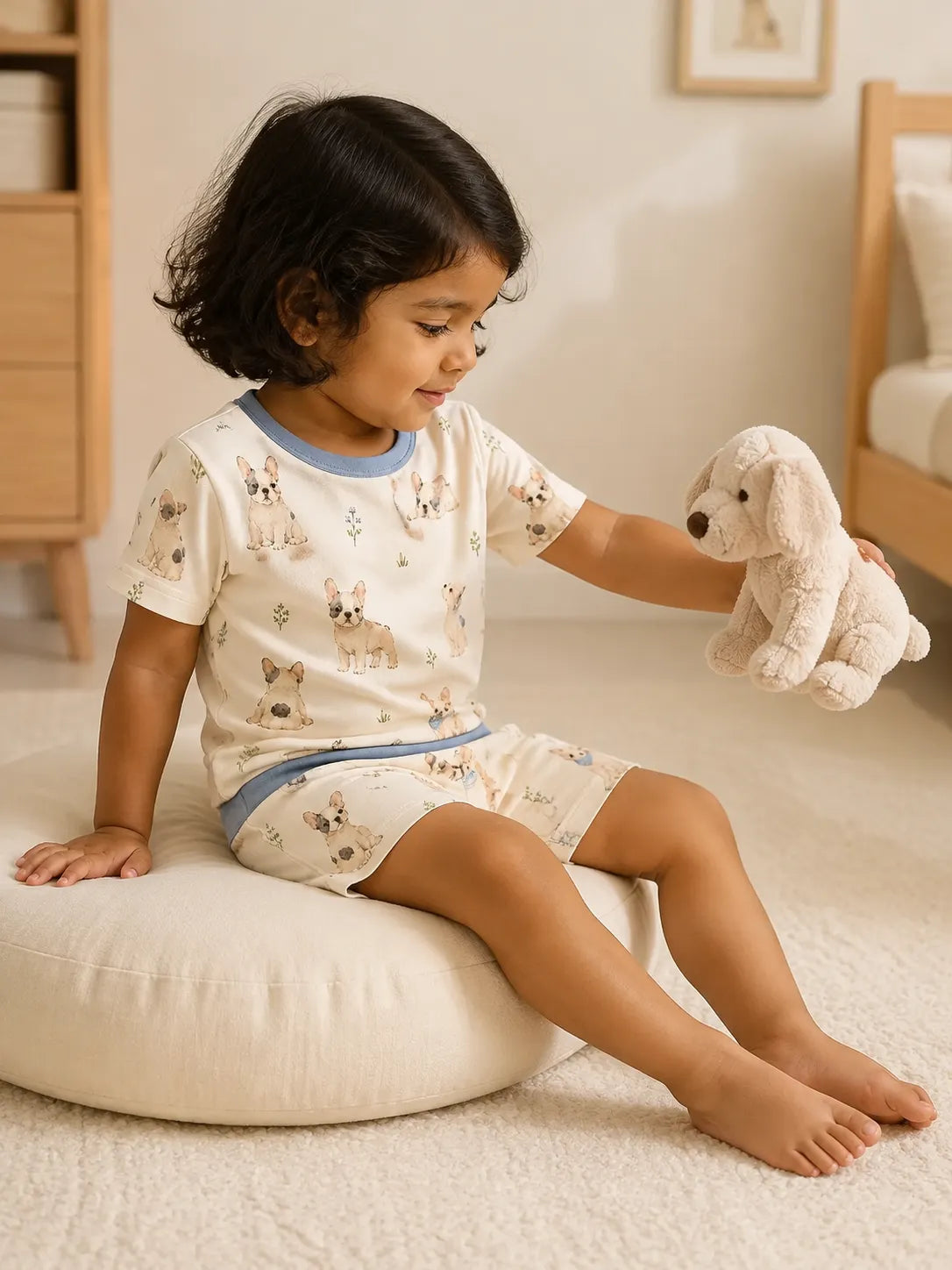 Child playing at home in Frenchie Friends bamboo pajamas