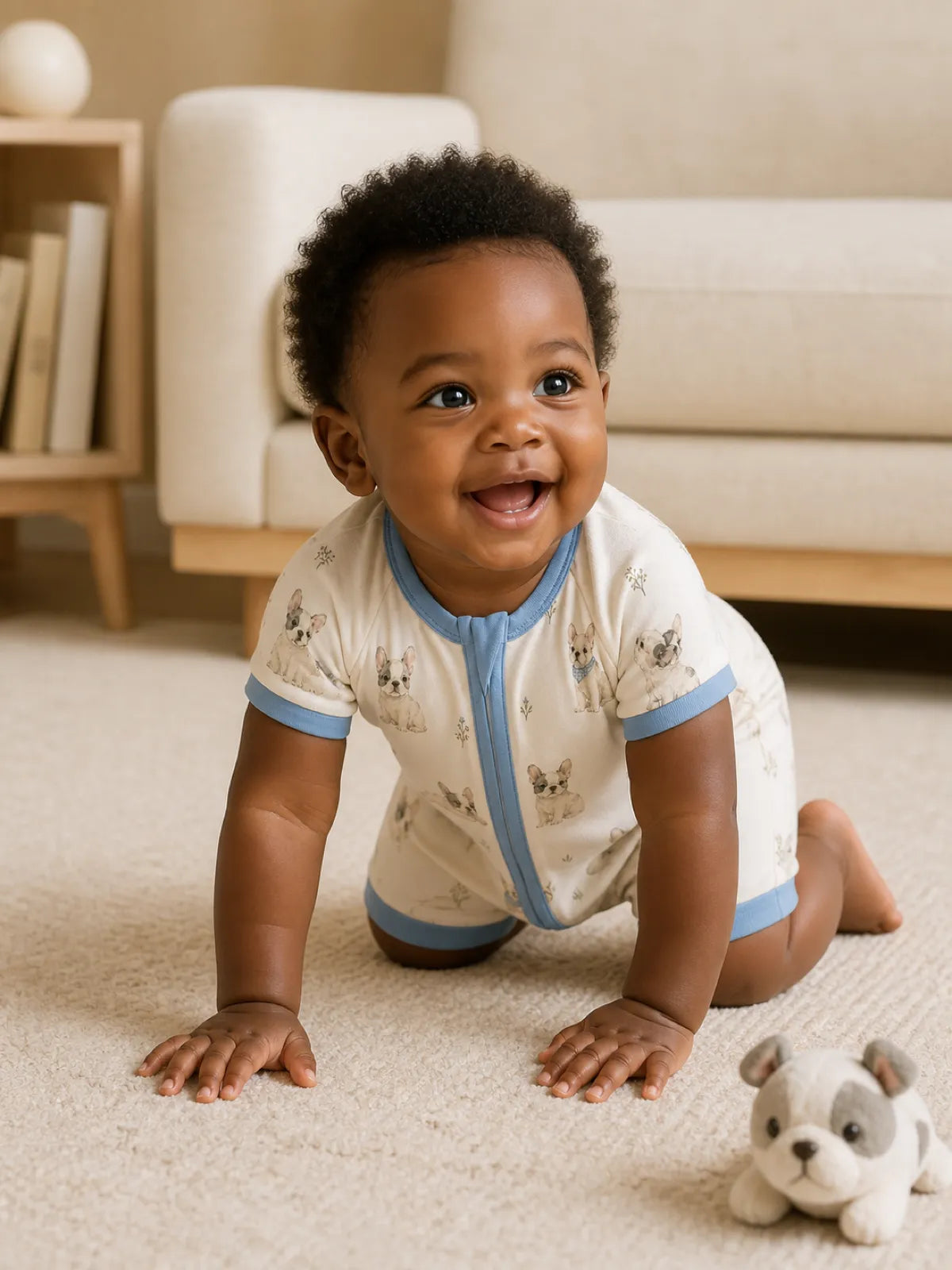 Baby playing at home in the Frenchie Friends shorty romper