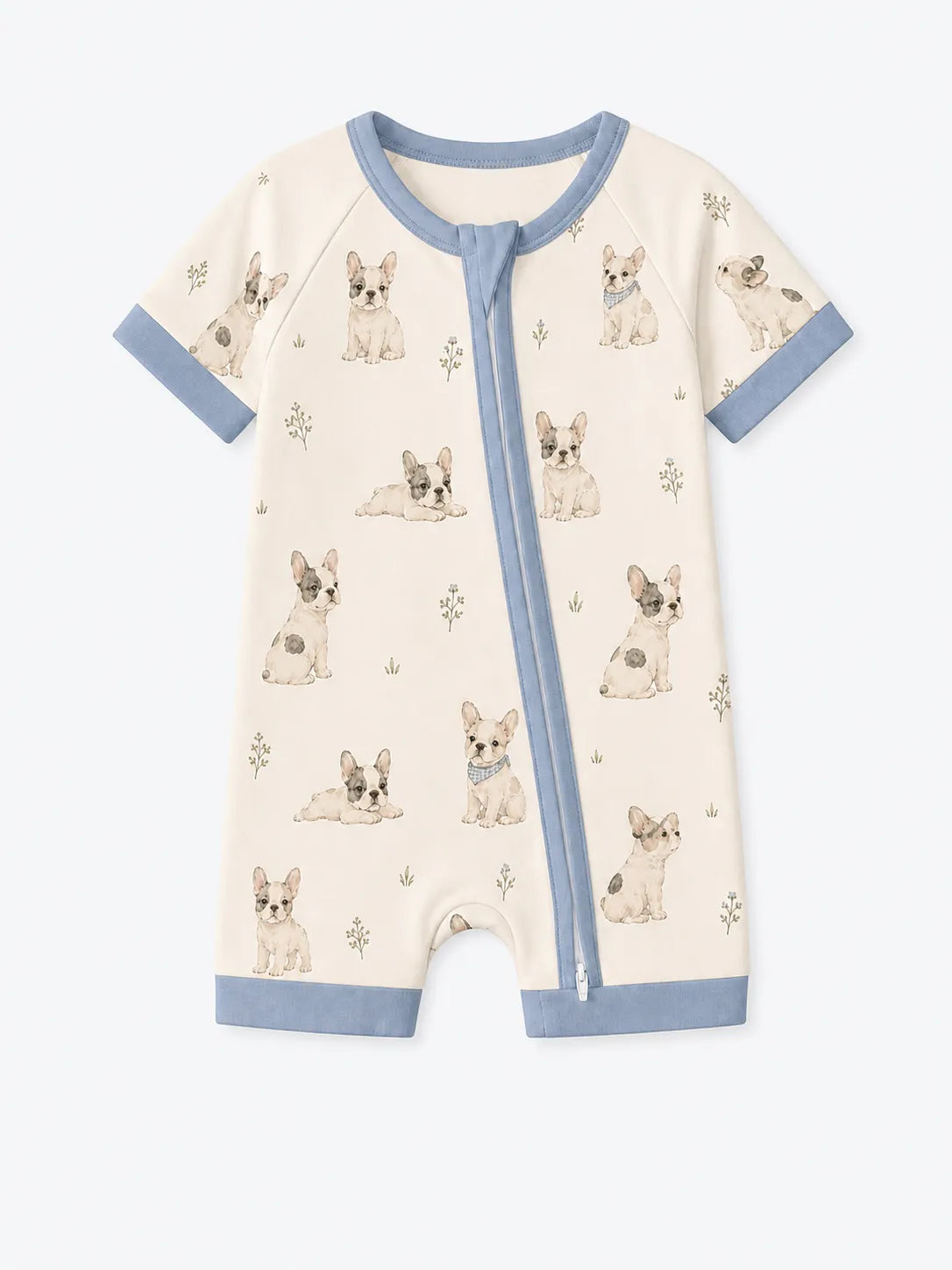 Frenchie Friends bamboo shorty romper by MossiBaby