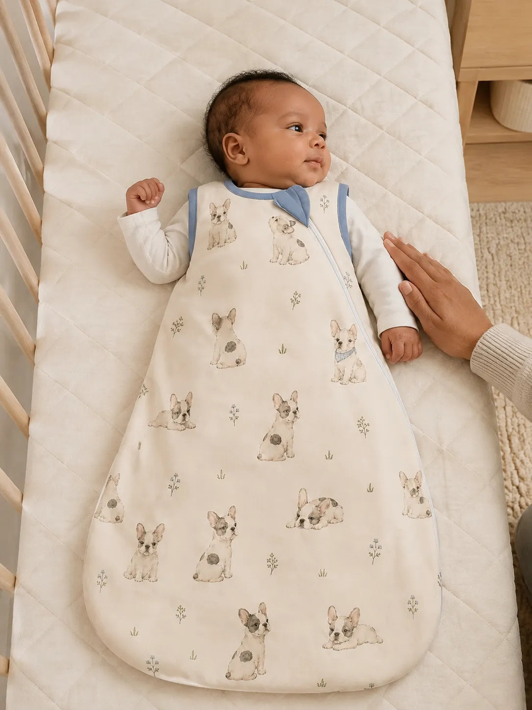 Baby resting comfortably in the Frenchie Friends bamboo sleep bag