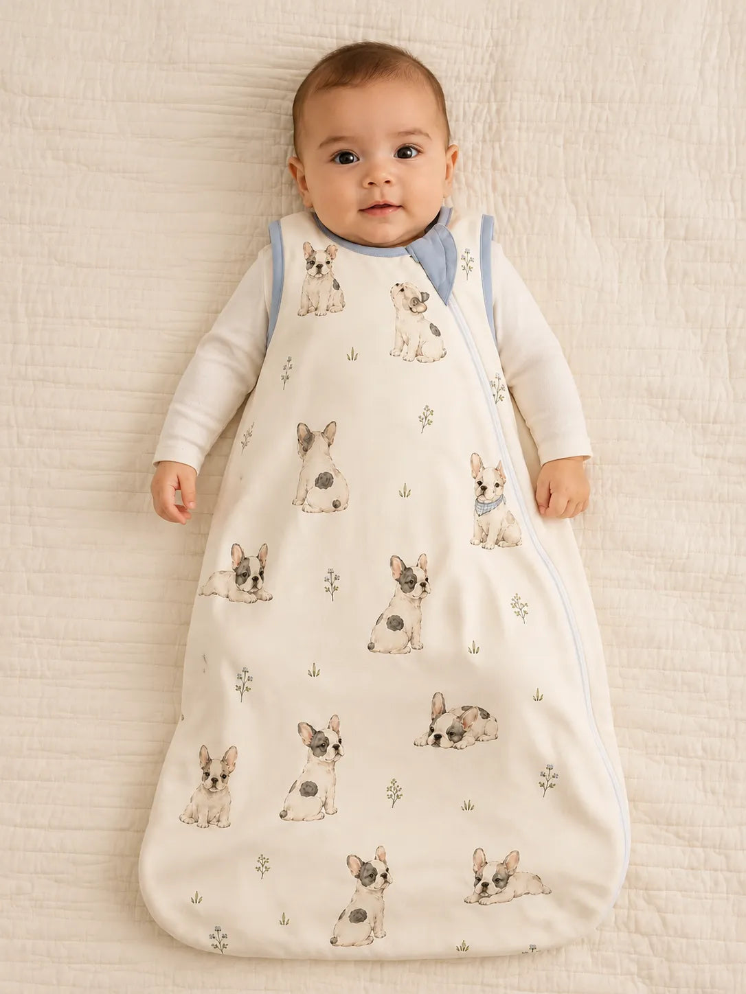 Baby wearing the Frenchie Friends bamboo sleep bag