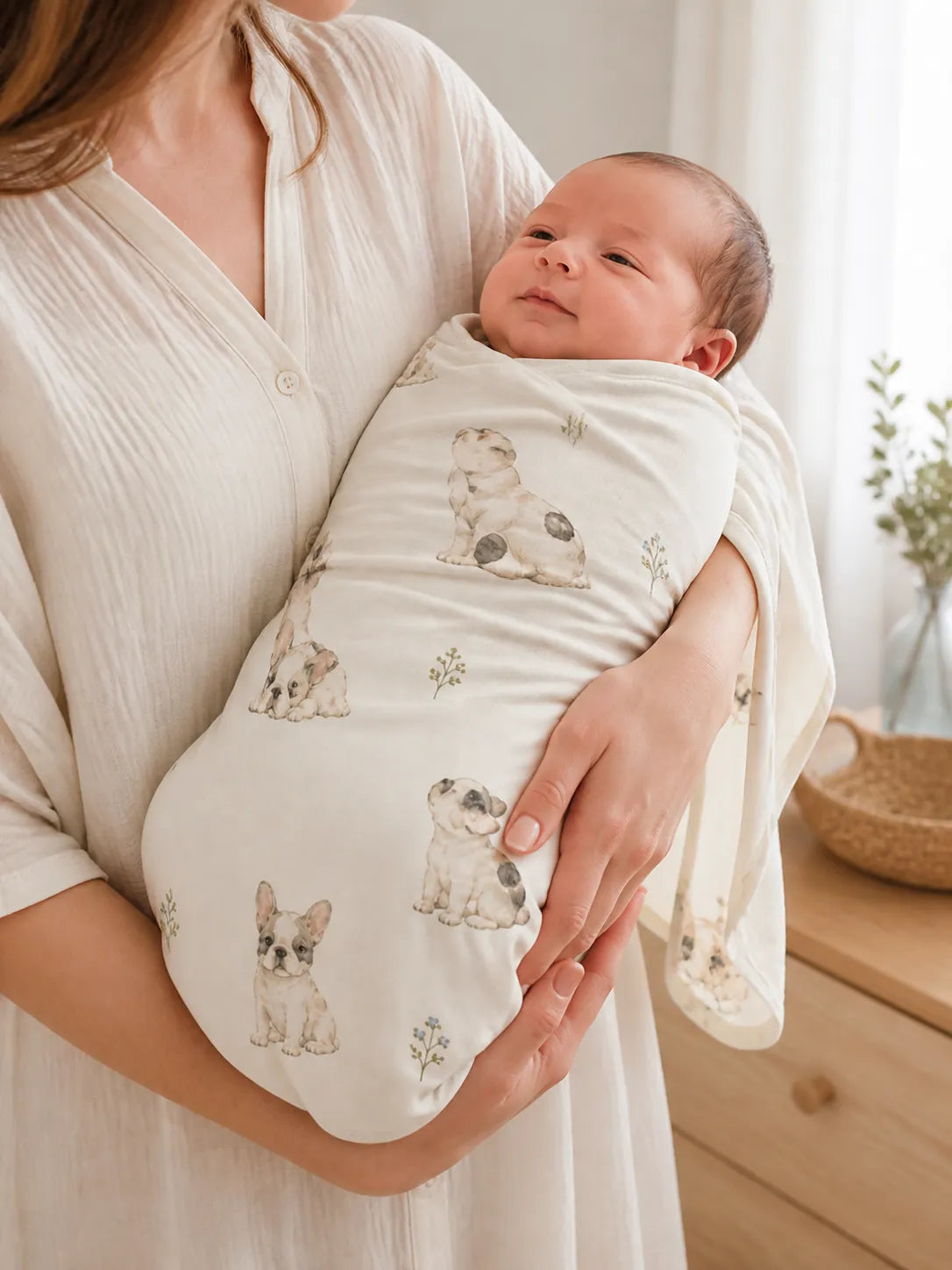 Baby cuddled in the Frenchie Friends bamboo swaddle blanket at home