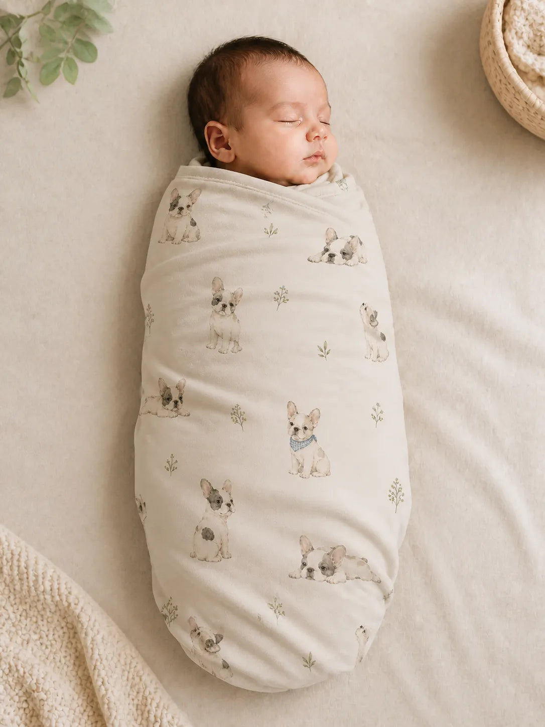 Baby wrapped in the Frenchie Friends bamboo swaddle blanket