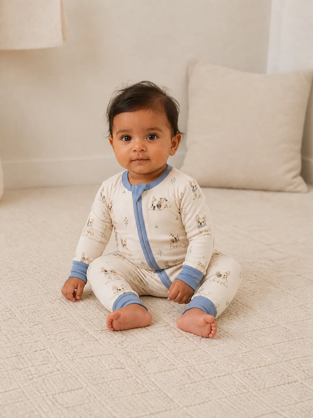 Baby playing at home in the Frenchie Friends zipper romper