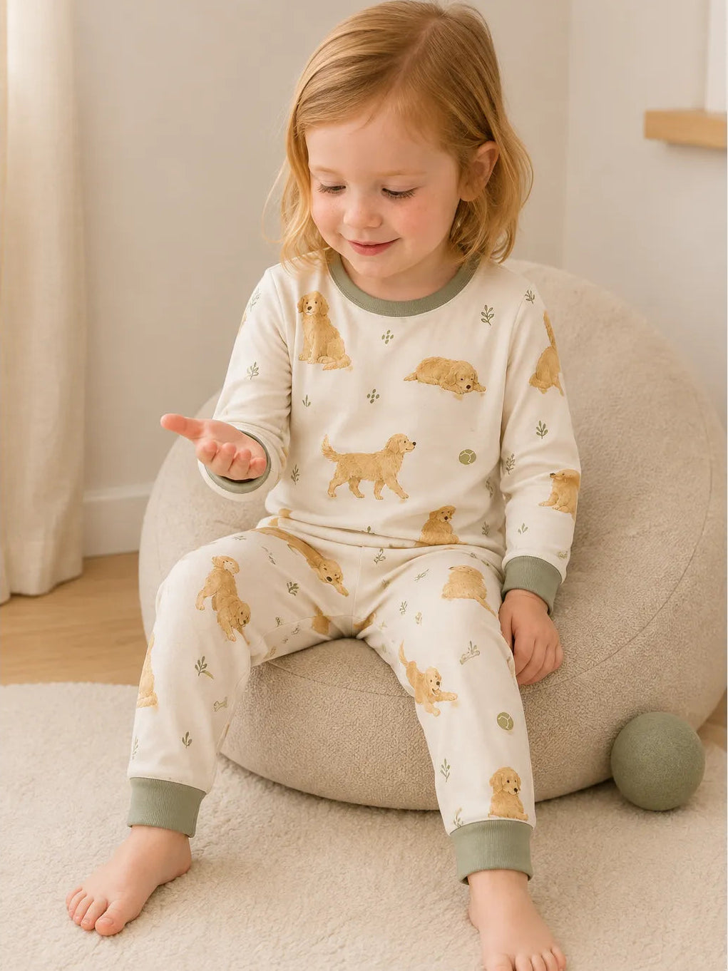 Child playing at home in Golden Days bamboo pajamas