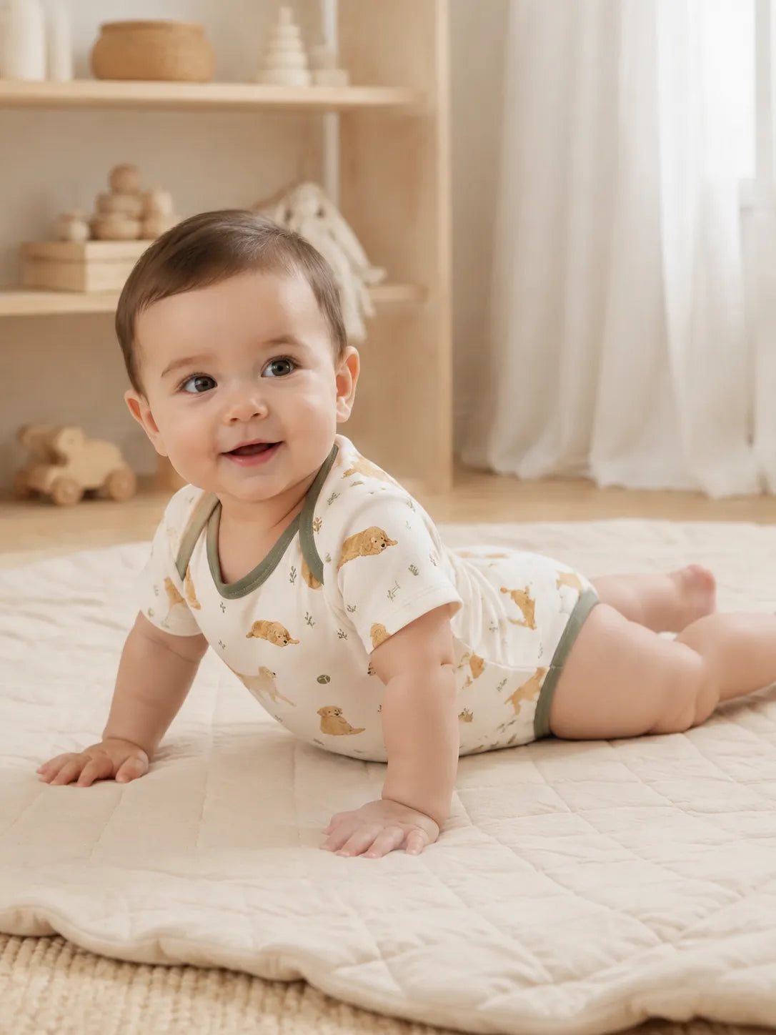 Baby playing comfortably in the Golden Days bamboo bodysuit