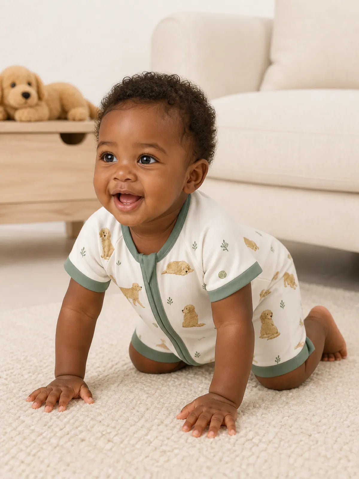 Baby playing at home in the Golden Days shorty romper