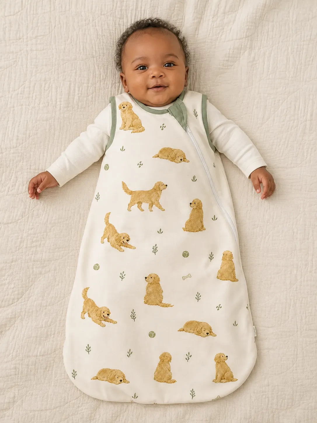 Baby wearing the Golden Days bamboo sleep bag