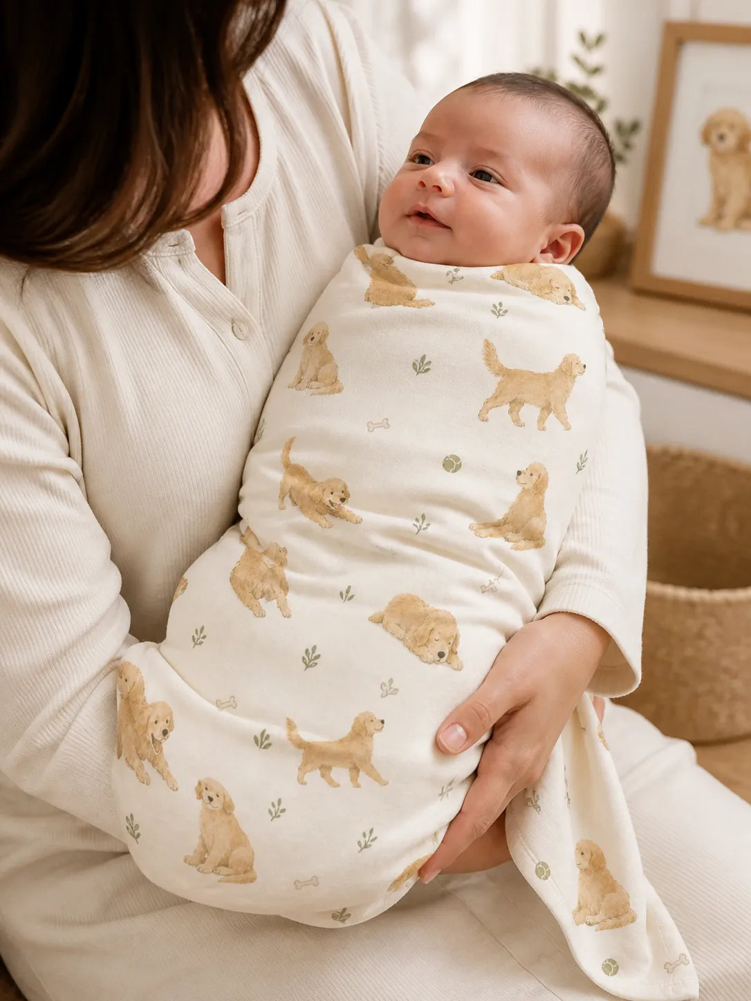 Baby cuddled in the Golden Days bamboo swaddle blanket at home