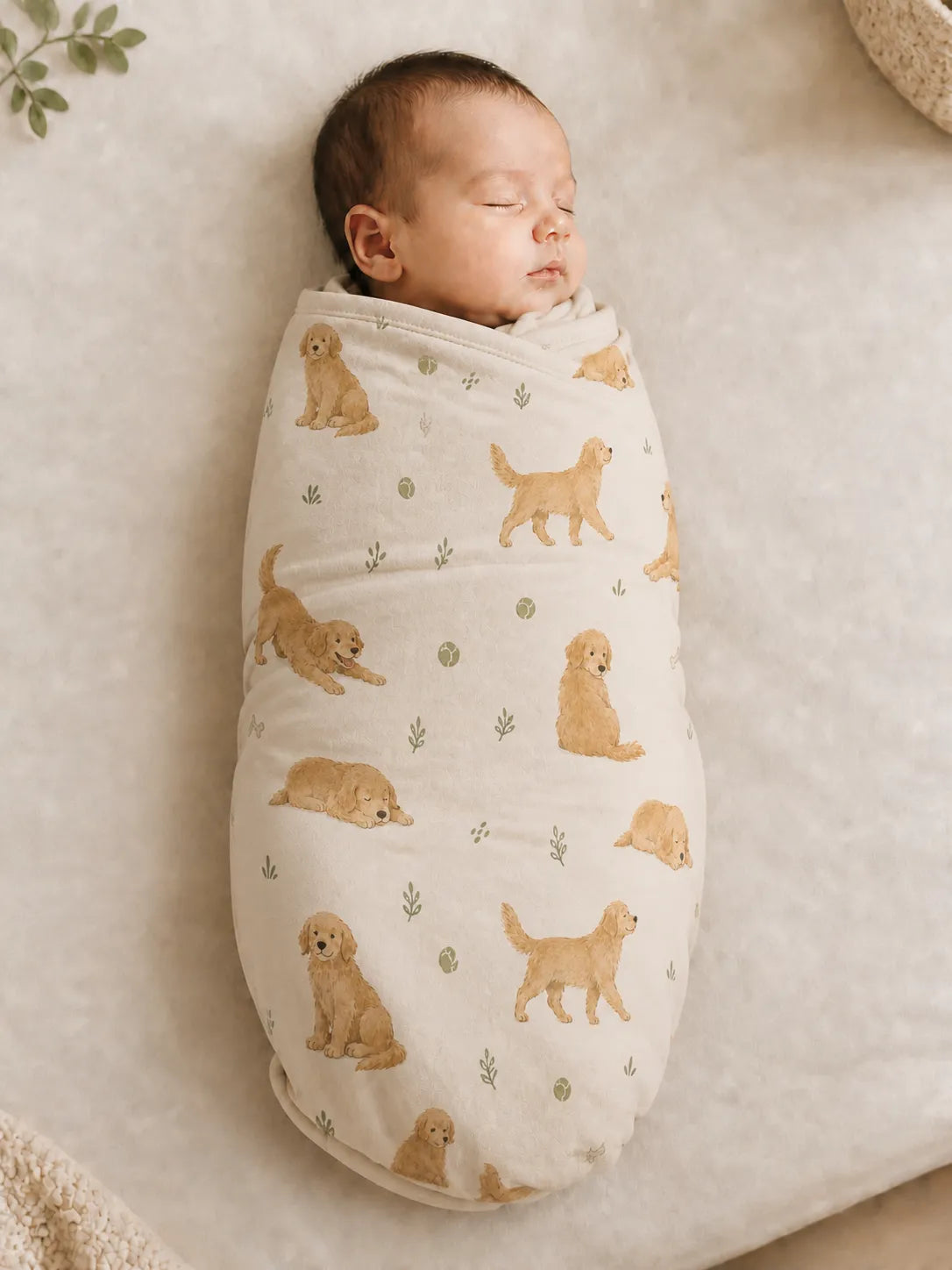 Baby wrapped in the Golden Days bamboo swaddle blanket