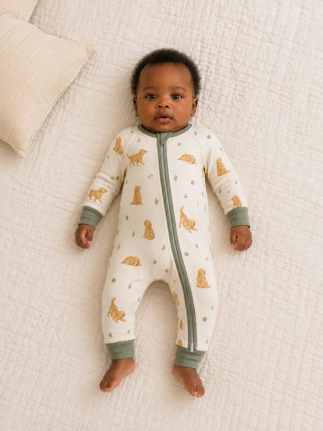 Baby playing at home in the Golden Days zipper romper