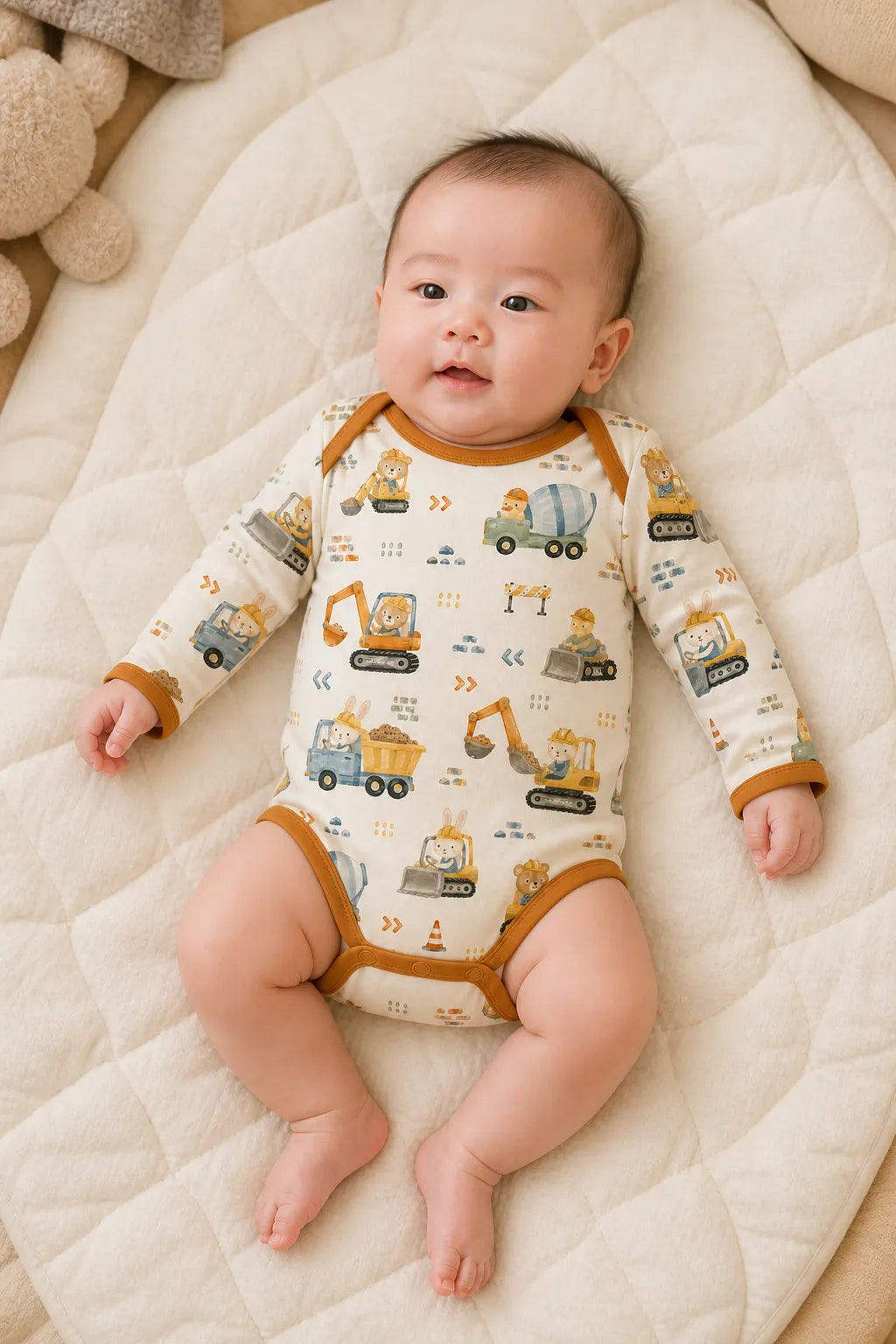 Baby playing comfortably in the Construction Crew bamboo bodysuit