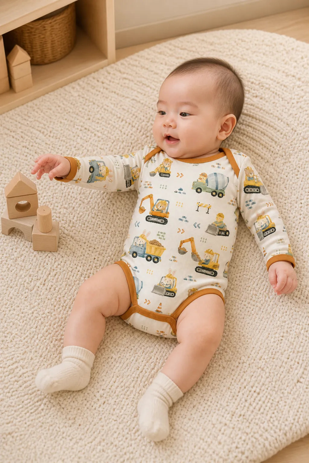 Baby wearing the Construction Crew long sleeve bodysuit