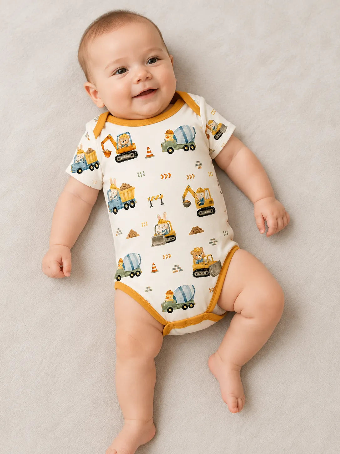 Baby wearing the Construction Crew short sleeve bodysuit