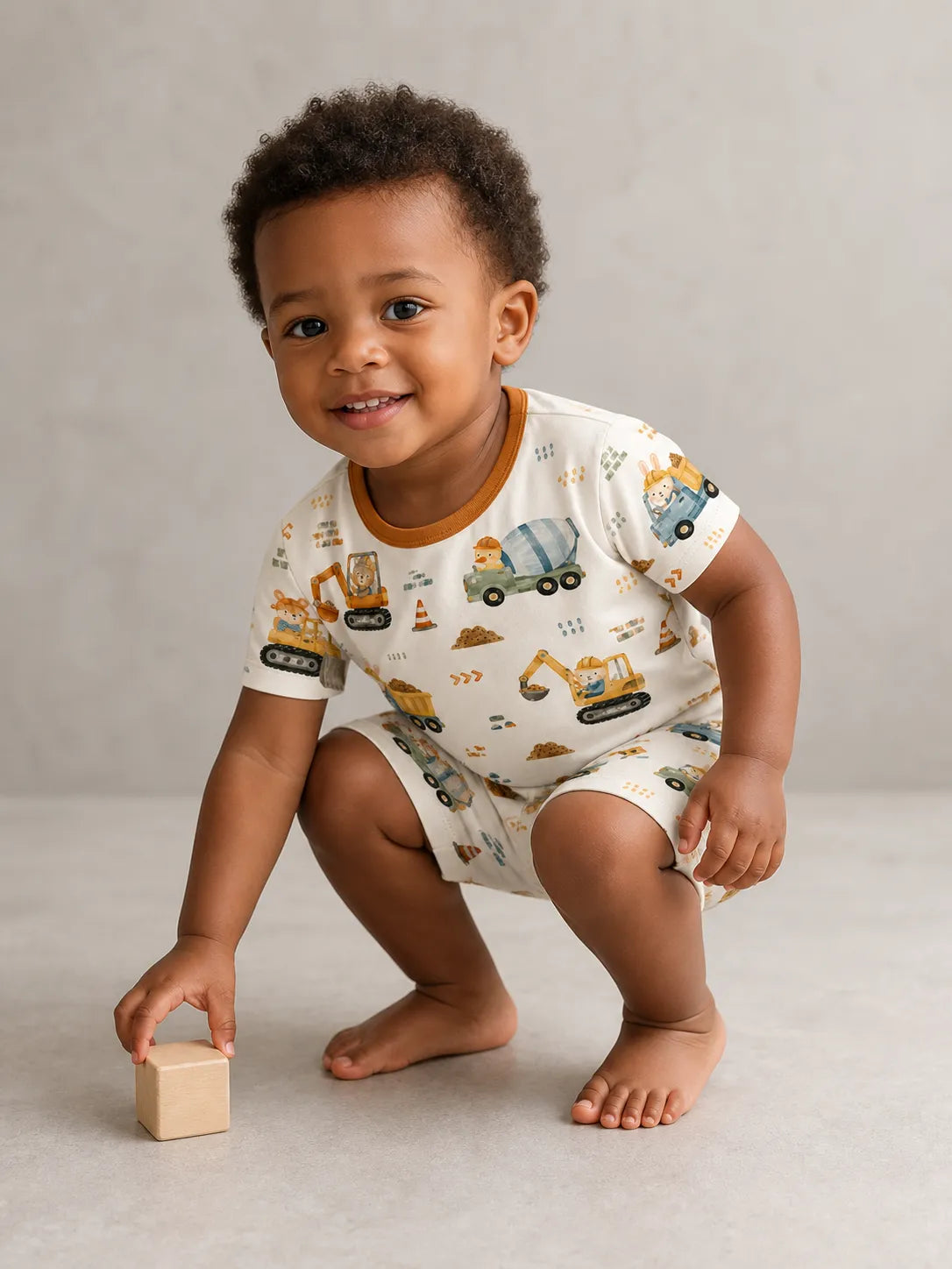 Child playing at home in Construction Crew bamboo pajamas