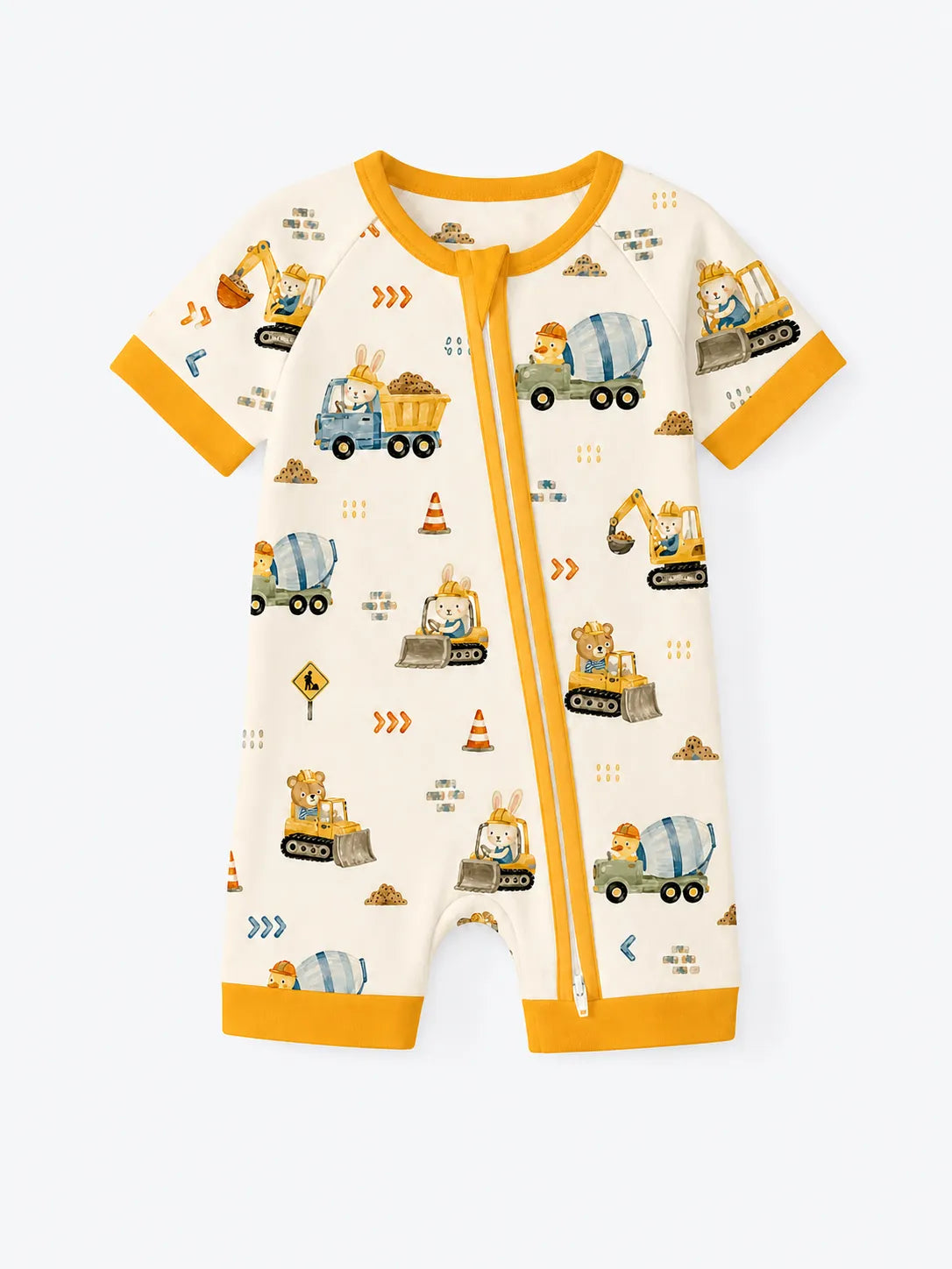Construction Crew bamboo shorty romper by MossiBaby