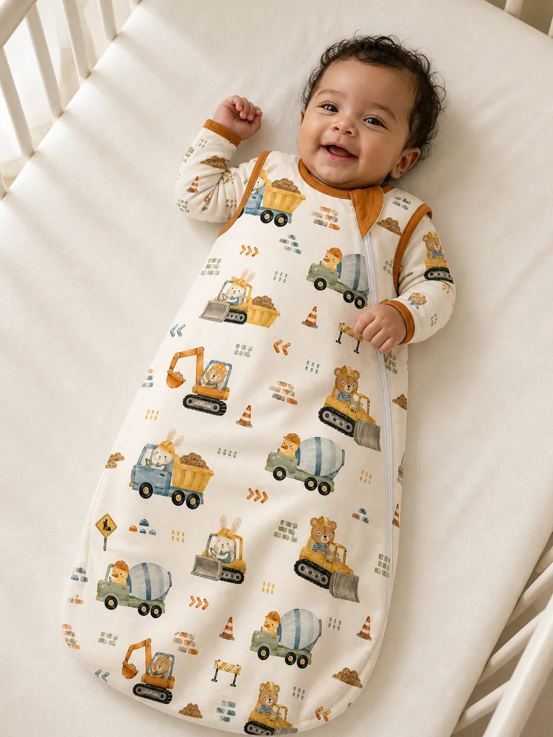Baby wearing the Construction Crew bamboo sleep bag