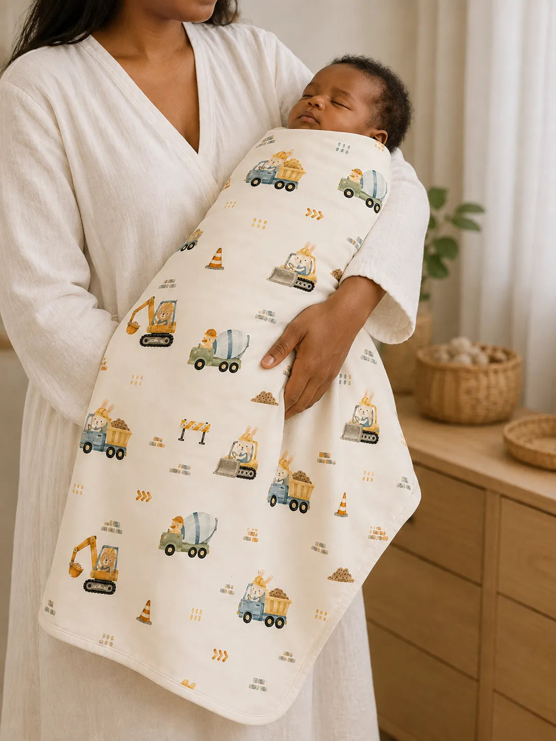 Baby cuddled in the Construction Crew bamboo swaddle blanket at home