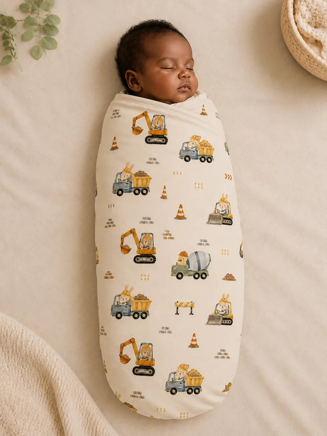 Baby wrapped in the Construction Crew bamboo swaddle blanket
