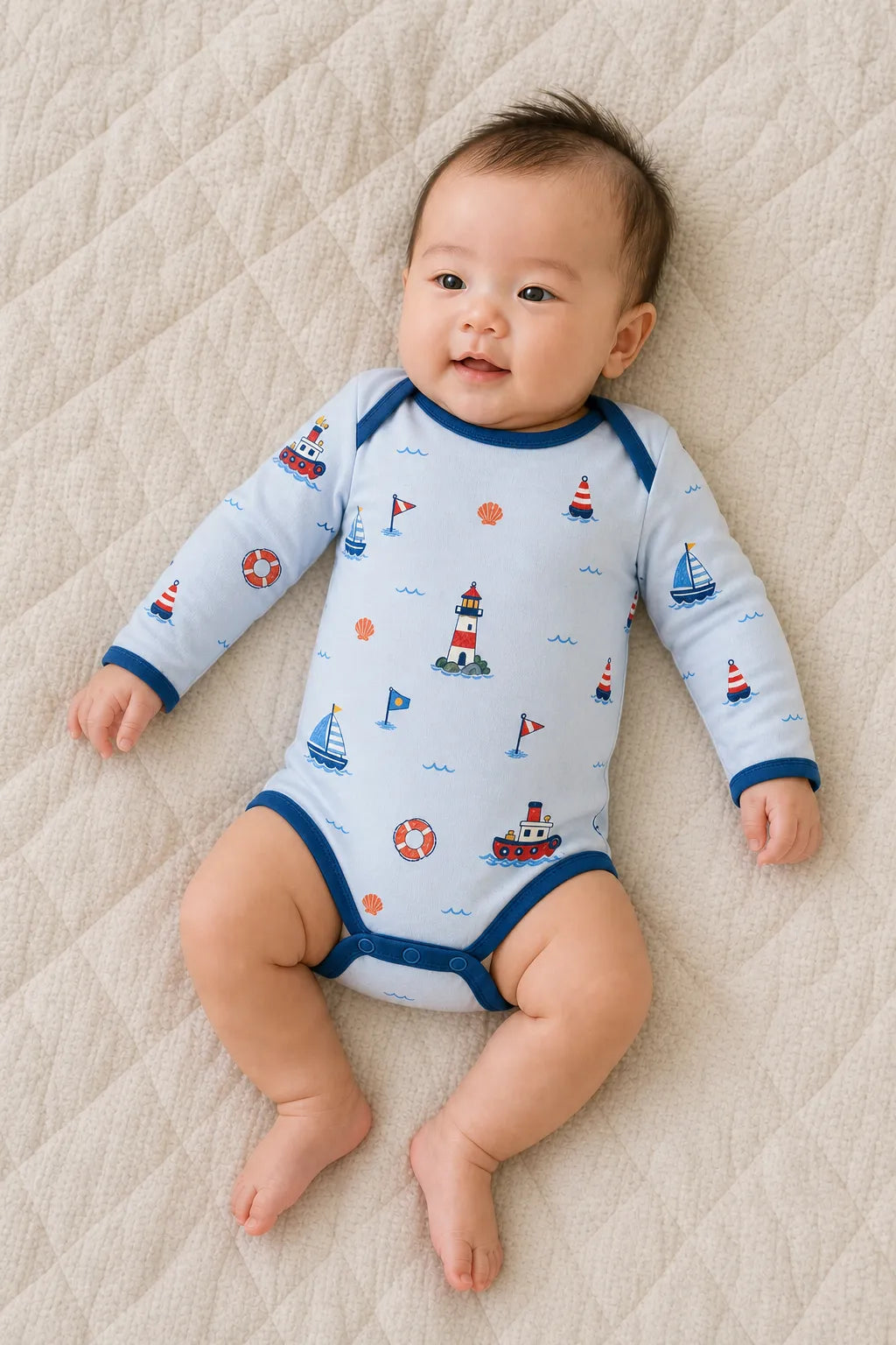 Baby wearing the Sail Away long sleeve bodysuit