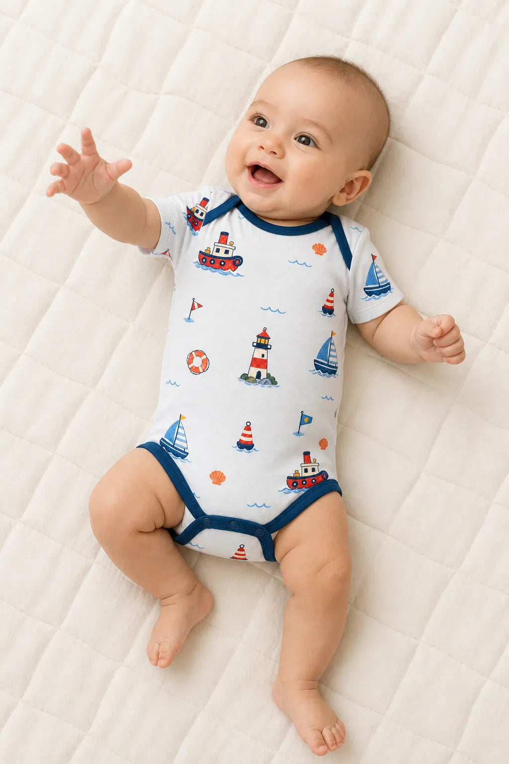 Baby wearing the Sail Away short sleeve bodysuit