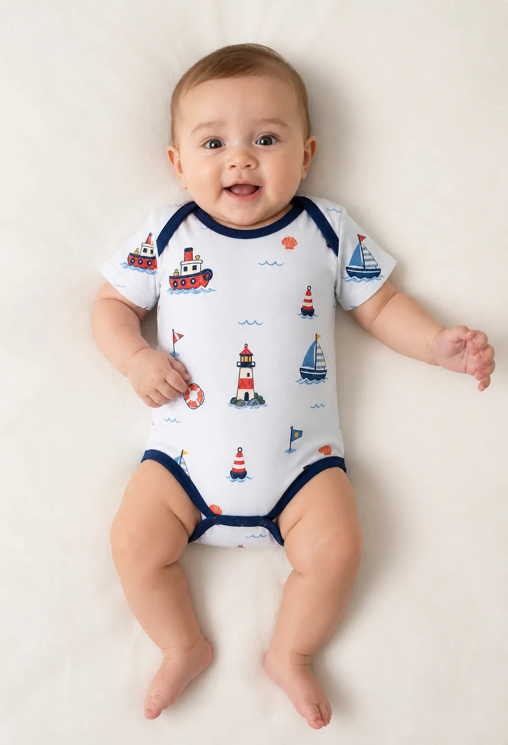 Baby playing comfortably in the Sail Away bamboo bodysuit